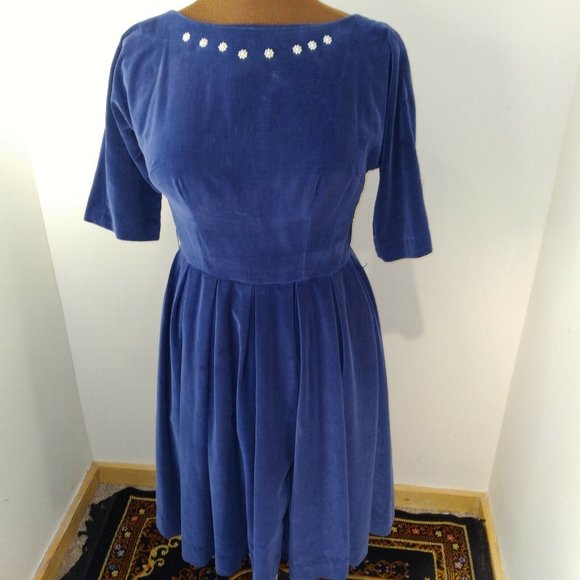 Vtg 50s Leo Daniel Velvet Circle Dress Blue modern 8 - Picture 1 of 9